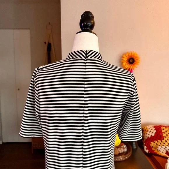 Striped Black and White Dress with Mock Neck Collar - Picture 5 of 9